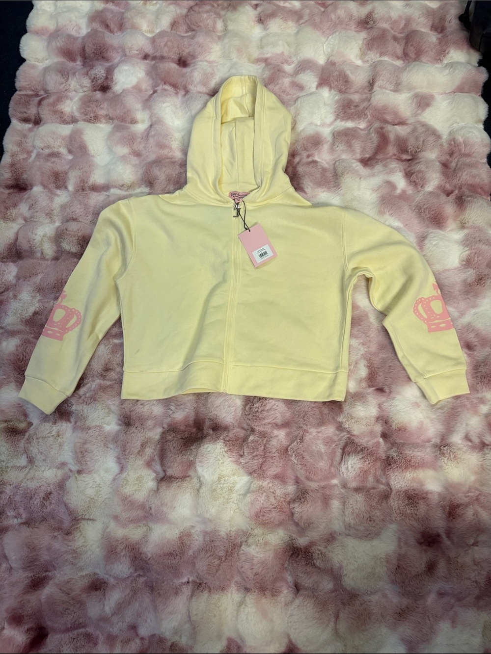 Juicy Couture Yellow Hoodie with bling juicy on back and pink crowns on arms